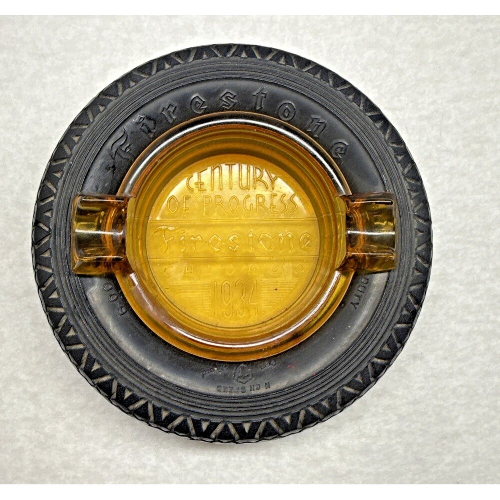 Firestone 1934 Century of Progress Chicago World's Fair Tire Ashtray Amber Glass